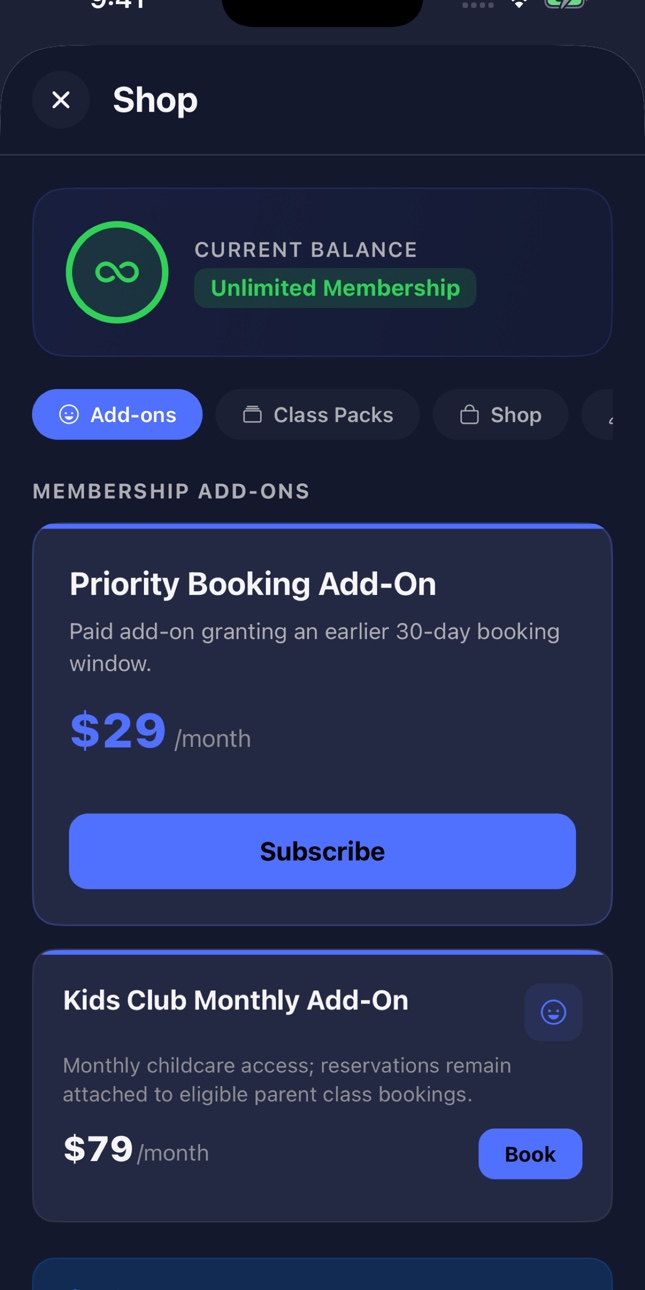 ClassFlow Demo member app membership add-ons screen