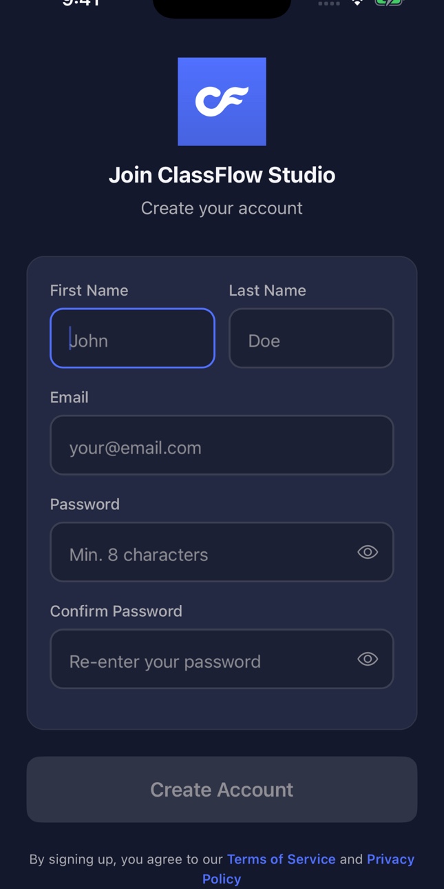 ClassFlow Demo branded member account creation screen
