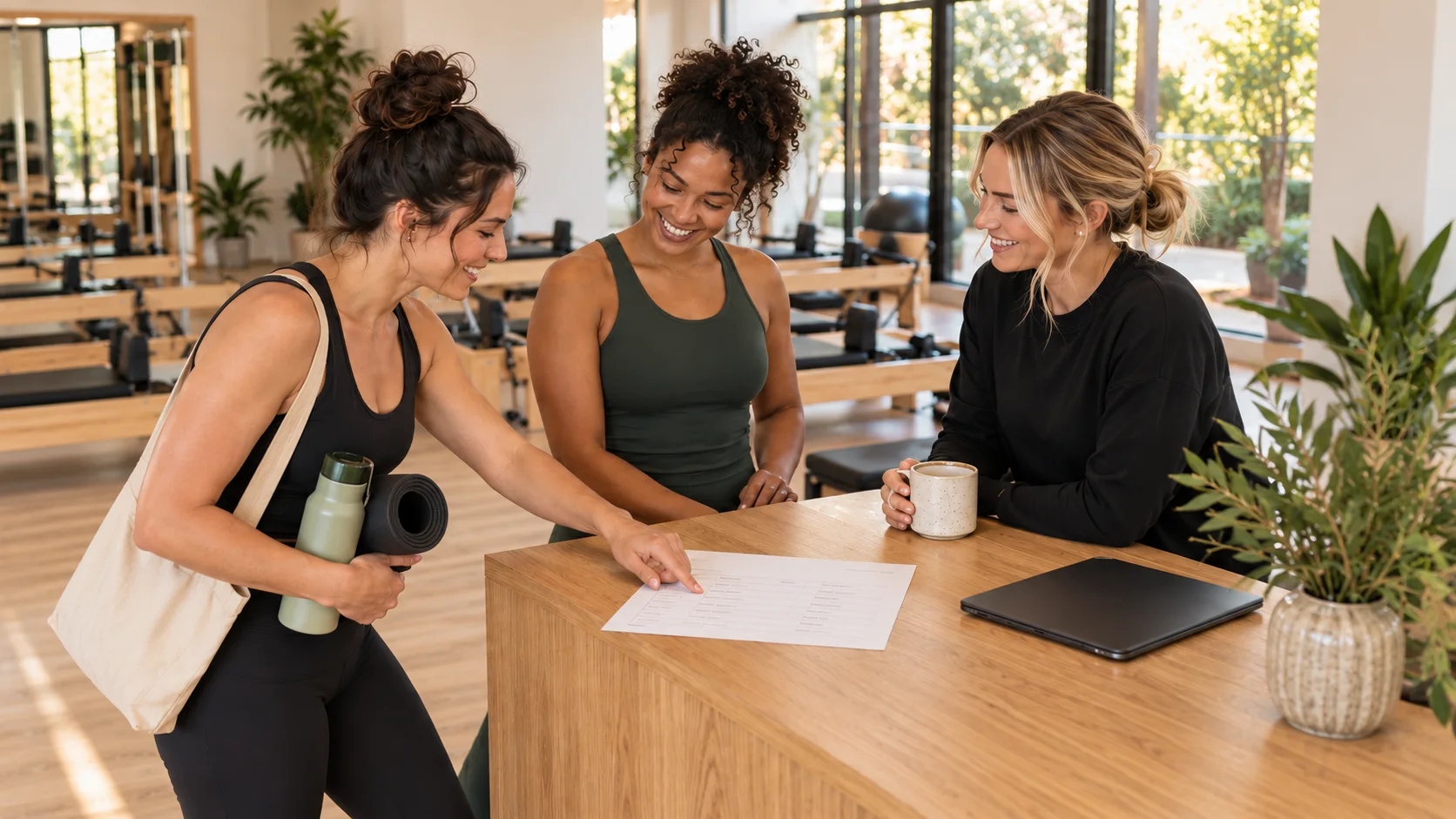 Illustration of a Pilates studio owner and instructor planning their studio setup