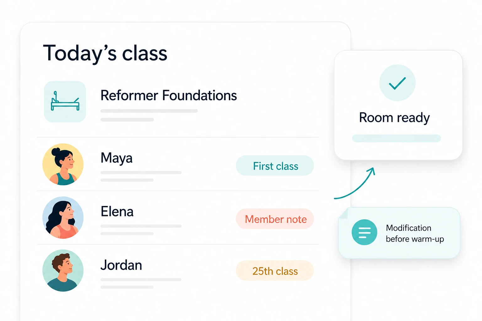 ClassFlow class briefing with a Reformer Foundations roster, first-class notes and room-ready status